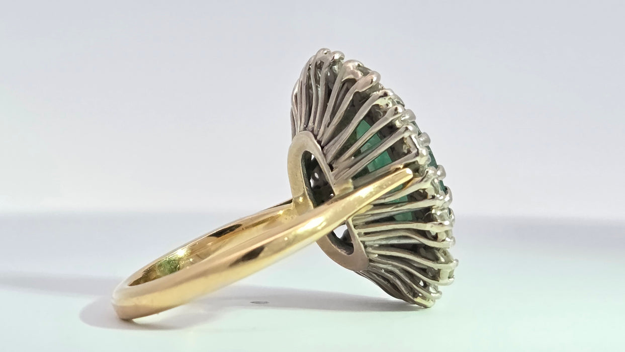Vintage: 18ct Yellow Gold Emerald 2.13ct & Diamond 1.12ct Double Row Flowerhead Cluster Ring