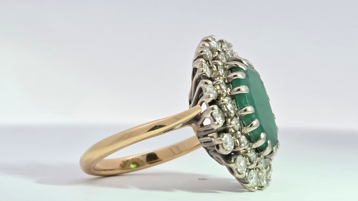 Vintage: 18ct Yellow Gold Emerald 2.13ct & Diamond 1.12ct Double Row Flowerhead Cluster Ring