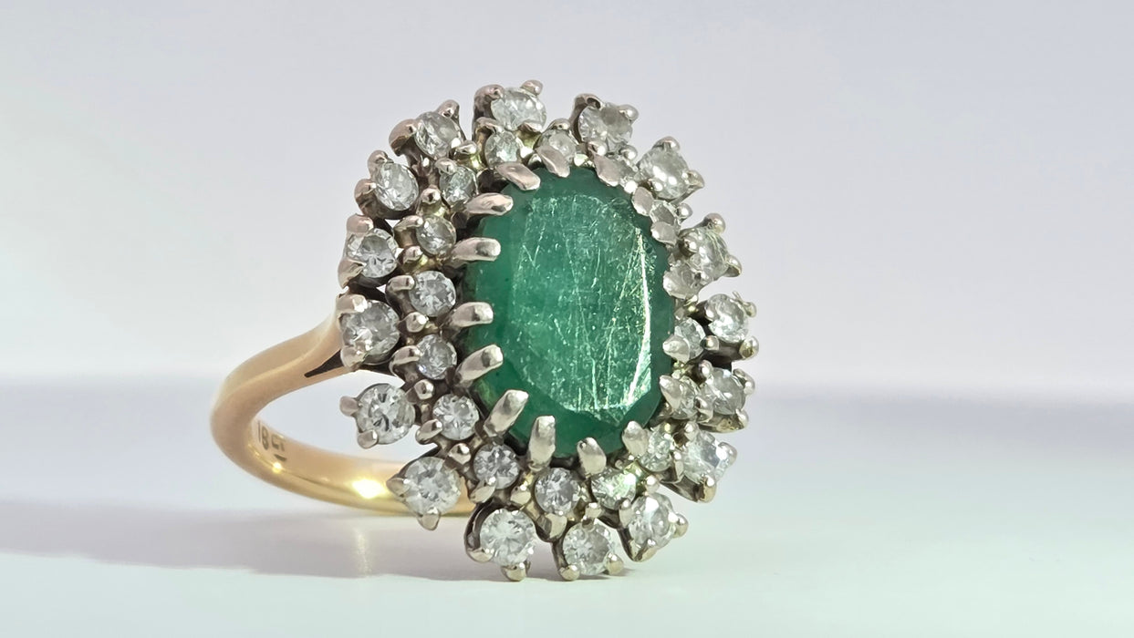 Vintage: 18ct Yellow Gold Emerald 2.13ct & Diamond 1.12ct Double Row Flowerhead Cluster Ring