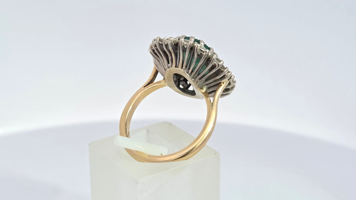 Vintage: 18ct Yellow Gold Emerald 2.13ct & Diamond 1.12ct Double Row Flowerhead Cluster Ring