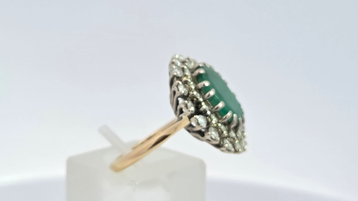 Vintage: 18ct Yellow Gold Emerald 2.13ct & Diamond 1.12ct Double Row Flowerhead Cluster Ring