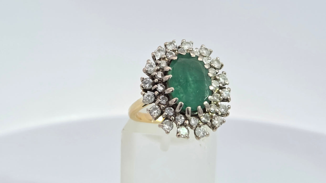 Vintage: 18ct Yellow Gold Emerald 2.13ct & Diamond 1.12ct Double Row Flowerhead Cluster Ring