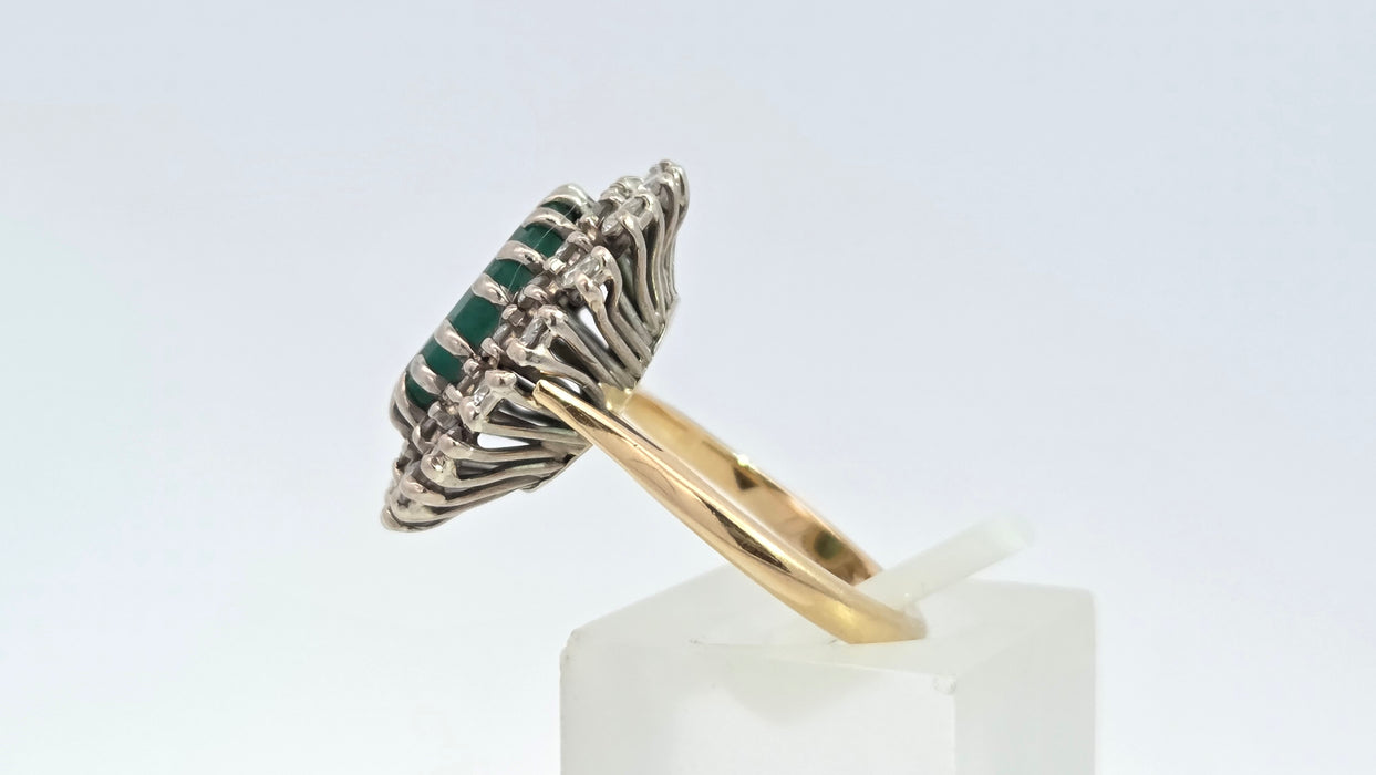 Vintage: 18ct Yellow Gold Emerald 2.13ct & Diamond 1.12ct Double Row Flowerhead Cluster Ring