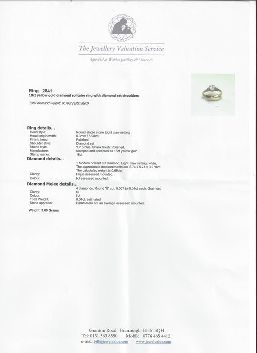 2841 Vintage: 18ct Yellow Gold 0.70ct Diamond Solitaire Ring with Diamond-Set Shoulders