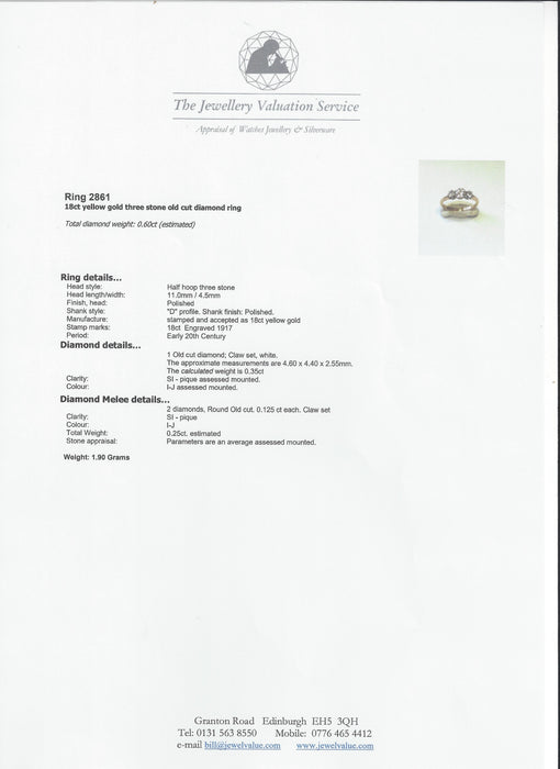 2861: Antique: 18ct Gold Round Old Cut Natural Diamonds (0.16ct) Trilogy Ring- From 1917