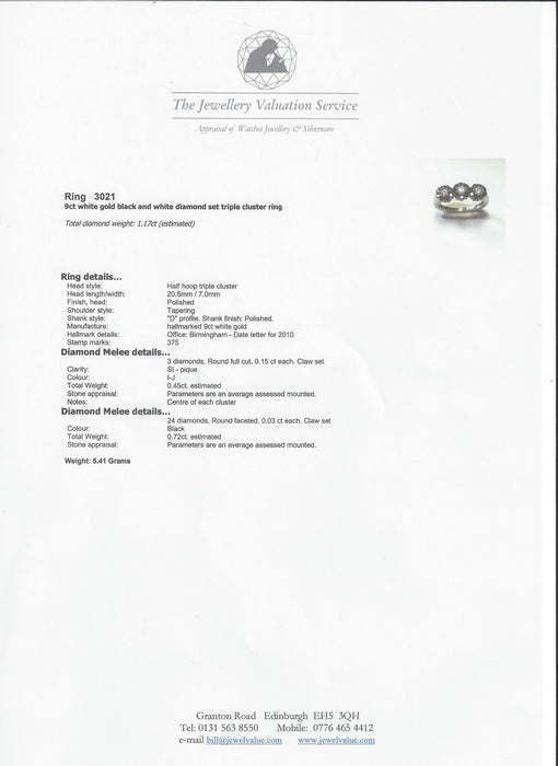 3035 Vintage: 9ct White Gold Black & White Diamond Triple Cluster Ring