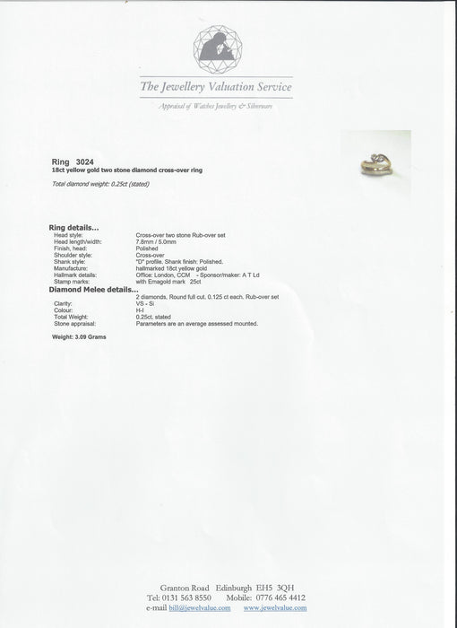 3024: Vintage 18ct Gold Twin Diamonds Crossover Ring