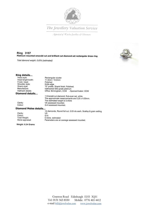 Vintage: Platinum 950 Art Deco Style Emerald Cut Diamond Cluster Ring — 0.87ct