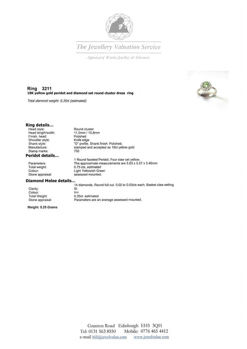 3211 Vintage: 18ct Yellow Gold Peridot & Diamond Cluster Ring