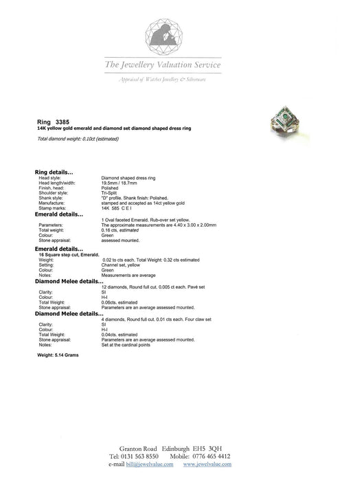3385 Vintage: 14ct Yellow Gold Emerald & Diamond Art Deco Style Panel Ring