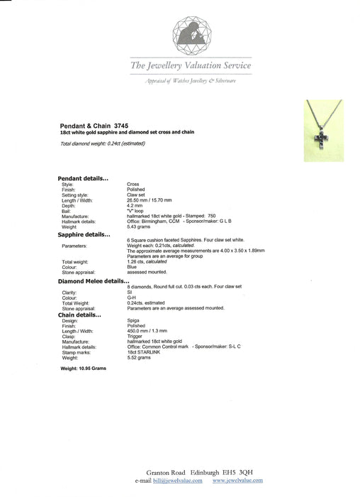 Vintage: 18ct White Gold Sapphire & Diamond Cross Pendant & Chain