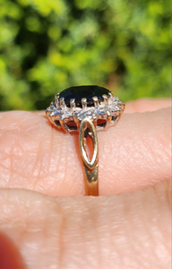 1744: Vintage: 9ct Gold Blue Sapphire 14 Diamonds Diana Cluster Ring- From 1982