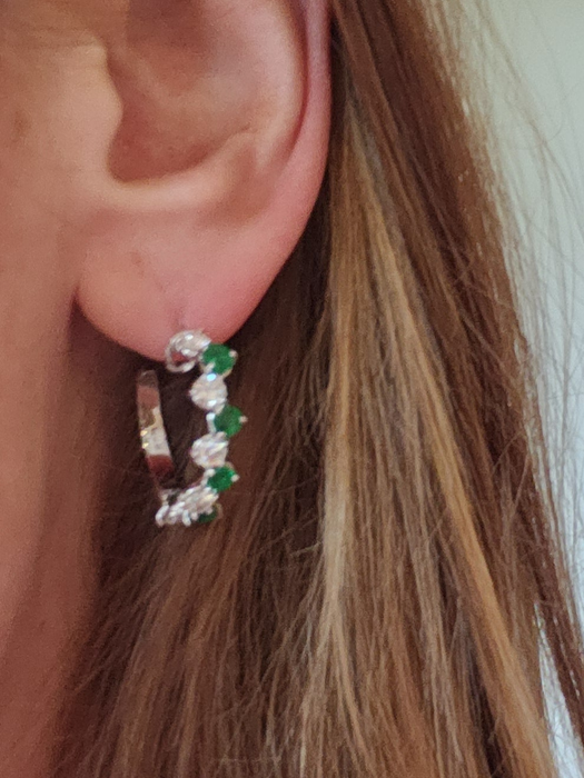 2914: Vintage (1975) Exceptional 18ct White Gold Emeralds Diamonds Hoop Earrings- elegance personified