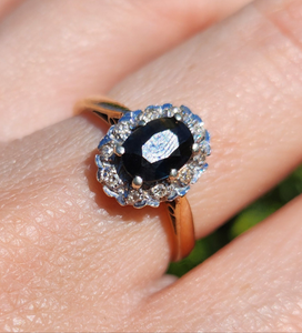 1745: Vintage: 9ct Gold French Blue Sapphire Diamonds Cluster Ring- From 1975