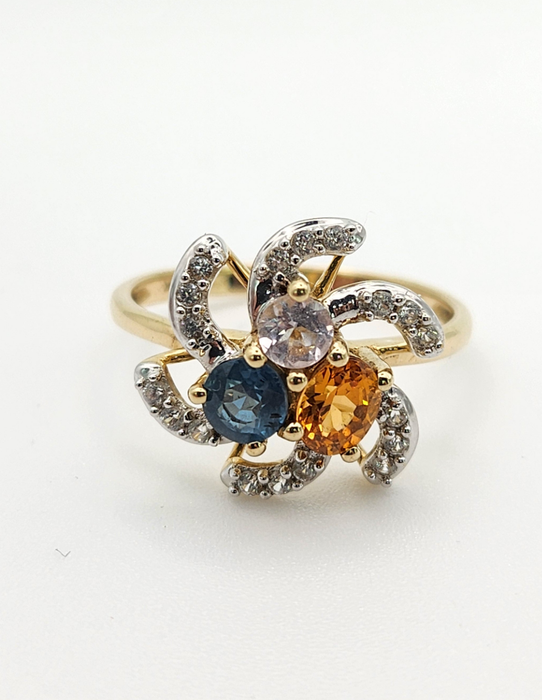 1216: Vintage: 9ct Gold Swirl Cocktail Ring- Citrine, Blue & Glacier Topaz