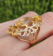 Load image into Gallery viewer, 0404: Vintage: Statement 9ct Gold Marquise Cut Yellow Citrine 14 Diamonds Openwork Ring
