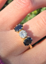 Load image into Gallery viewer, 18ct Gold Modern Brilliant Cut Diamond (0.75ct)  Cornflower Blue Sapphires 3-Stone Ring-Exceptional
