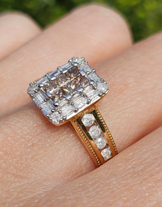 1612: Vintage: 9ct Yellow Gold Champagne & White Diamonds Geometric Set Ring- 28 natural, sparkling diamonds