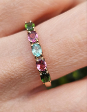Load image into Gallery viewer, 1578: Vintage: 9ct Gold Aquamarine, Tsavorites, Rubellites Stacker Ring- rare, perfectly paired
