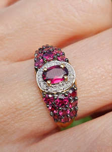 1600: Vintage; 9ct Gold Vibrant Rubellites Diamonds Cocktail Ring- a striking beauty