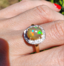 Load image into Gallery viewer, 1743: Vintage: 9ct Gold Fire Opal White Sapphires Cluster Ring- fantastic colours
