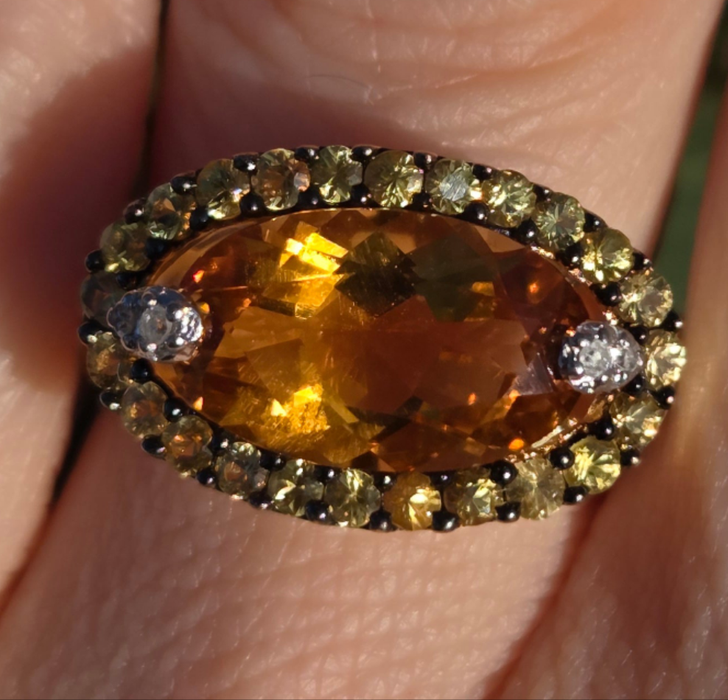 2635- 9ct Gold Citrine, Yellow Sapphires Diamonds Cocktail Ring