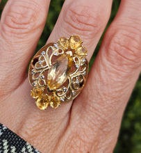 Load image into Gallery viewer, 0404: Vintage: Statement 9ct Gold Marquise Cut Yellow Citrine 14 Diamonds Openwork Ring
