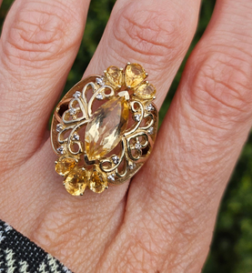 0404: Vintage: Statement 9ct Gold Marquise Cut Yellow Citrine 14 Diamonds Openwork Ring
