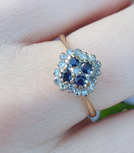 Cargar imagen en el visor de la galería, 6050 Vintage: 18ct Gold 4 French Blue Sapphires 16 diamonds Geometric Set Ring- lovely symmetry
