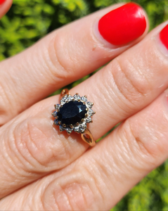 1744: Vintage: 9ct Gold Blue Sapphire 14 Diamonds Diana Cluster Ring- From 1982