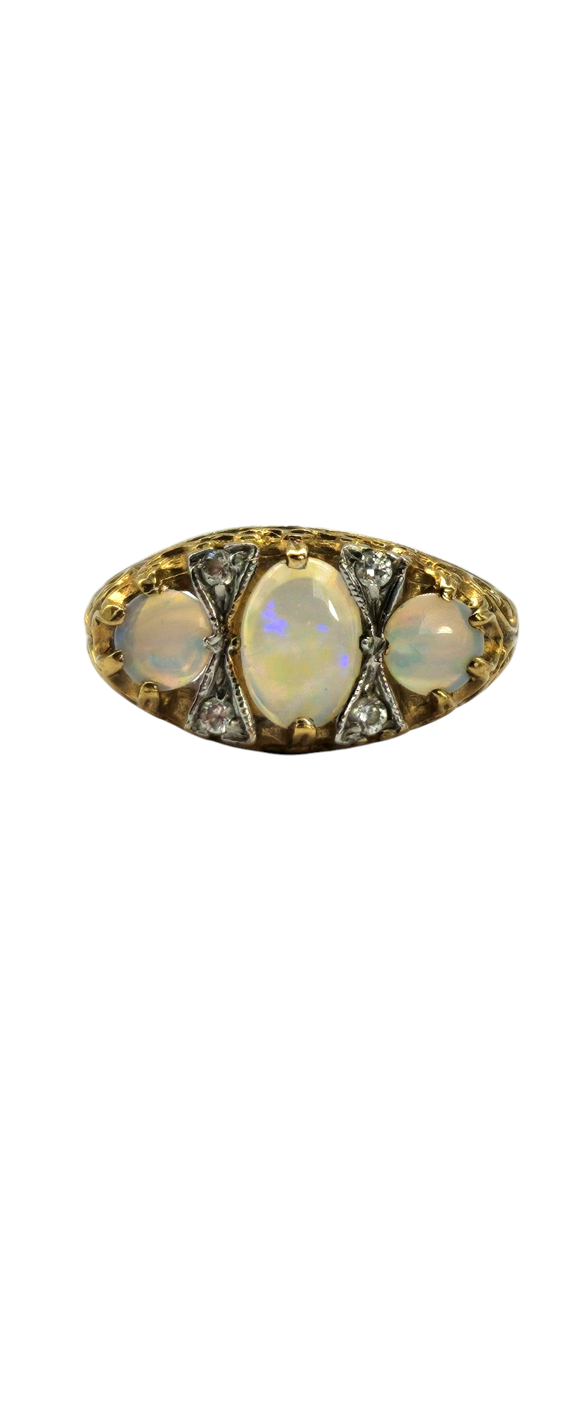 0849:Vintage: 9ct Cabochon White Opals Trilogy Sapphires Dress Ring