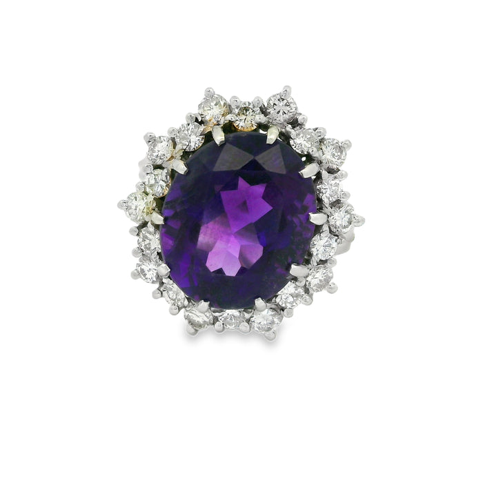 Vintage: 18ct White Gold Amethyst & Diamond Cluster Ring — 7.00ct Amethyst / 1.20ct Diamonds