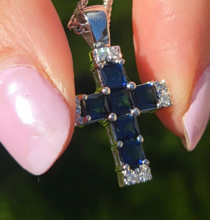 Vintage: 18ct White Gold Sapphire & Diamond Cross Pendant & Chain