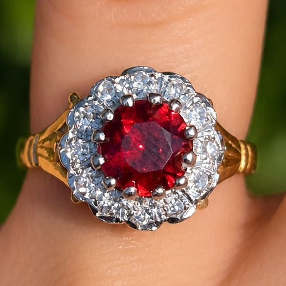 Vintage: 18ct Yellow Gold Garnet & Diamond Round Cluster Dress Ring — From 1977