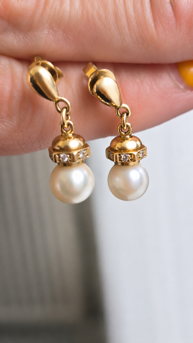 Vintage: 18ct Yellow Gold Akoya Pearl & Diamond Drop Stud Earrings — From 1997