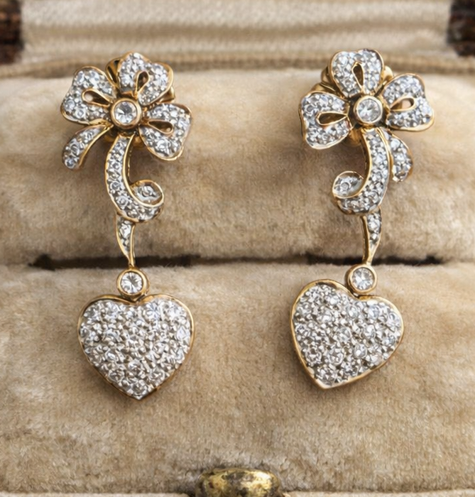 2677: Vintage 18ct Gold Diamonds Encrusted Heart Shaped Drop/Dangle Earrings