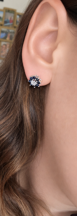 Vintage: 9ct White Gold Sapphire & Diamond Floral Cluster Stud Earrings — From 1979