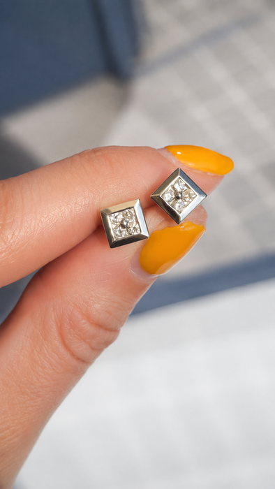 Vintage: 18ct White Gold Diamond Square Cluster Stud Earrings — 0.32ct