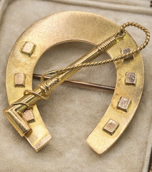 2976: Antique Victorian 9ct Gold Horselovers Brooch by Adie & Lovekin- From 1889