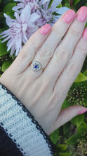 Load and play video in Gallery viewer, 7196: Vintage &amp; Old: 18ct Gold Blue Sapphire 12 Diamonds Flower Head Ring- elegant eye candy
