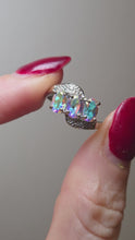 Load and play video in Gallery viewer, 2919: Vintage: 9ct White Gold Mercury Topaz Trilogy Diamonds Ring- wonderful colours
