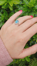 Load and play video in Gallery viewer, 5782:Vintage: 9ct White Gold Pear Cut Vivid Blue Topaz 20 Diamonds Cocktail Ring- gorgeous- nice weight
