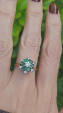 Load and play video in Gallery viewer, 9083:Vintage: 18ct Gold 6 Emeralds 7 Diamonds Flower Head Ring- timeless classic. nice weight, sparkling
