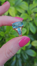 Load and play video in Gallery viewer, 0733: Vintage; 9ct Gold London Blue Topaz Emerald &amp; Princess Cut Cocktail Ring
