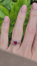 Load and play video in Gallery viewer, A8161: Vintage: 9ct Gold Heart Cut Ruby Diamonds Dress Ring- cute, sparkly, lovely combination
