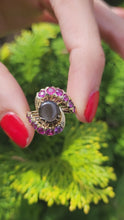 Load and play video in Gallery viewer, 1437: Vintage: 18ct Gold Blue Sapphire Red Topaz Swirl Cluster Ring- Dramatic statement
