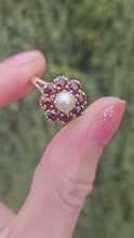 Load and play video in Gallery viewer, 1169: Vintage: 9ct Gold 8 Rich Red Garnets Pearl Flower Head Ring- From 1965
