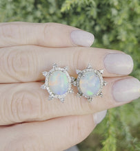 Load and play video in Gallery viewer, 2245 Vintage Silver Two Opals (5.6ct) 76 Natural Diamonds (0.77ct) Stud Earrings

