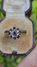 Load and play video in Gallery viewer, A7536: Vintage: 18ct Gold 9 French Blue Sapphires 8 Diamonds Floral Cluster Ring- lovely symmetry
