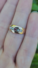 Load and play video in Gallery viewer, 3249: 15ct Gold Ruby Seed Pearls Ring- 133 years old Antique hallmarked in Chester, England in the year 1889
